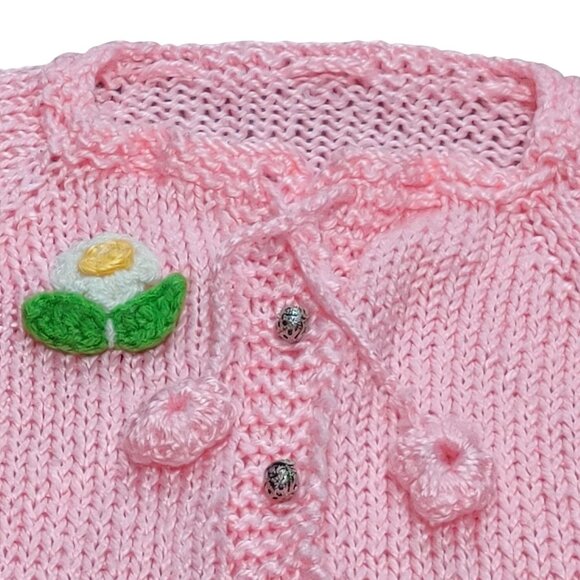 Hand Knit Girls XS 4–5 Pink Cardigan Sweater Button Front Floral Cottagecore - Picture 3 of 5